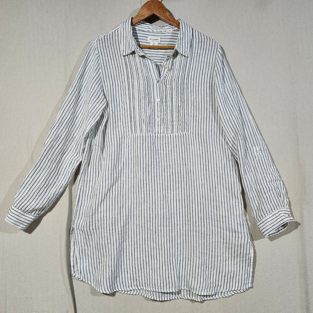 Artisan NY 100% Linen Striped Pintuck Tunic Top Blue White Womens Medium Coastal